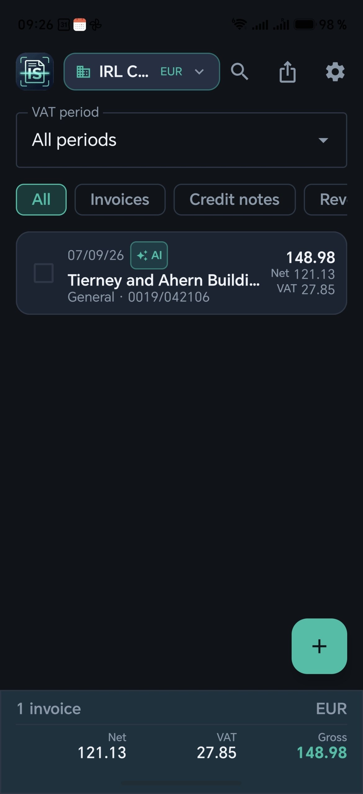 Invoice Scanner — invoice list with VAT breakdown