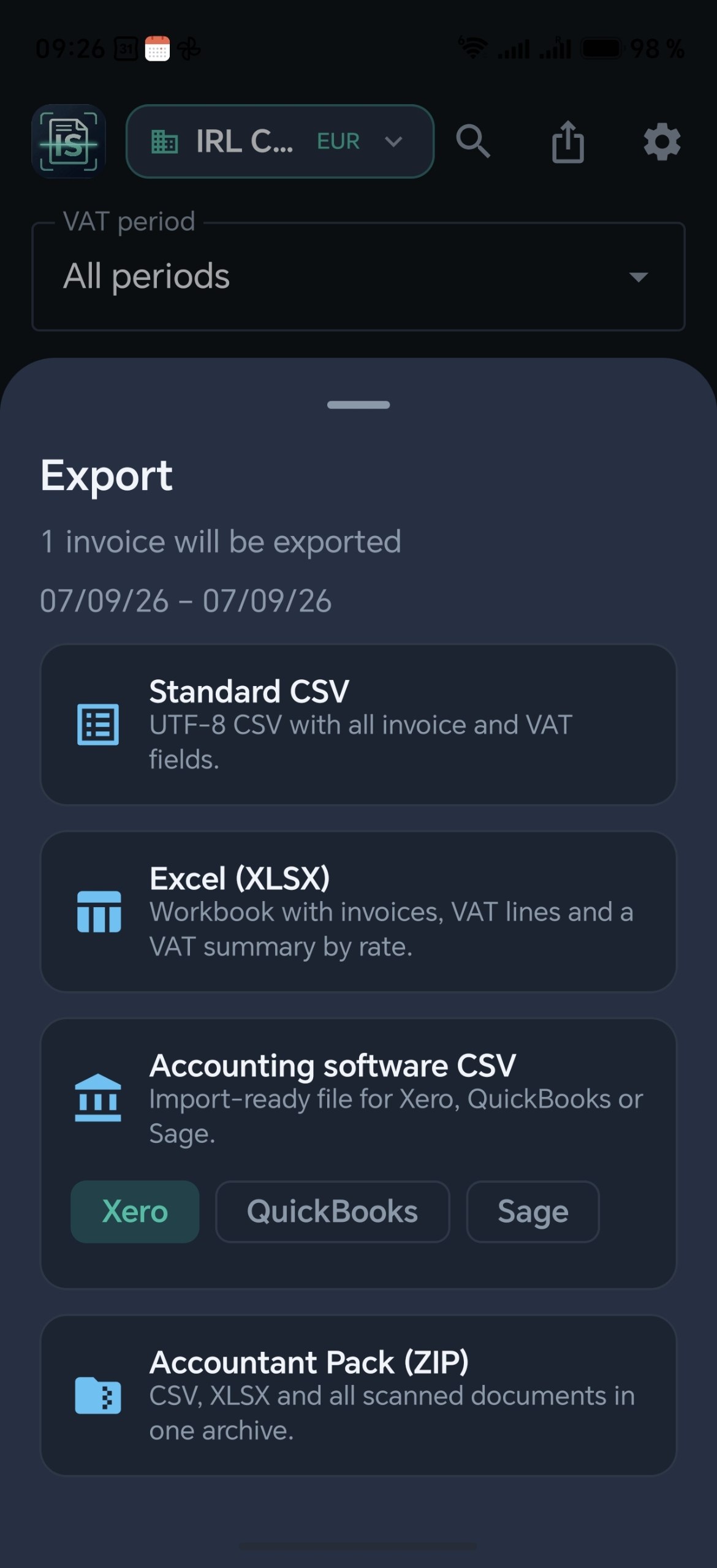 Invoice Scanner — Export options